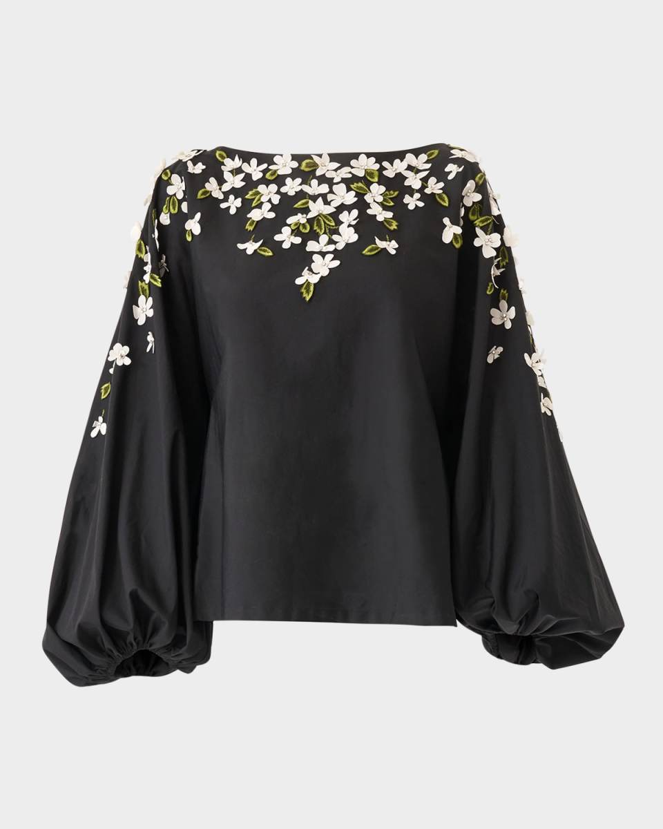 Boat-Neck Floral Embroidered Balloon-Sleeve Top